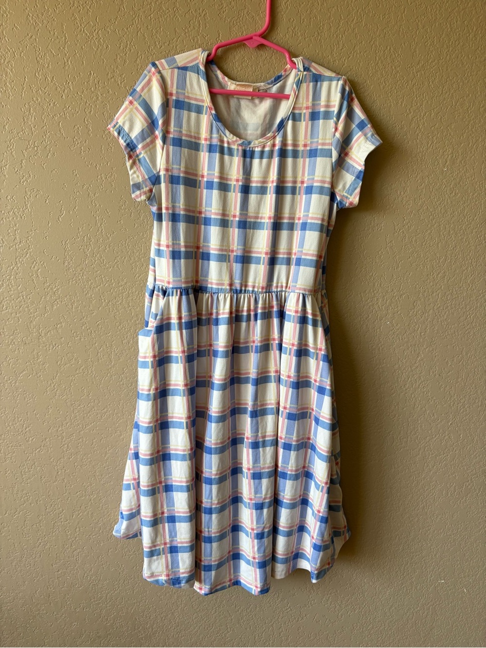 Emma & Elsa Girls Size 14 Dress Short Sleeve Plaid Blue Pink Pockets Cottagecore